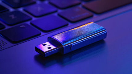 USB flash drive on a laptop keyboard illuminated by blue light