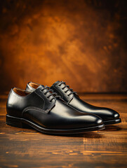 Pair of black leather formal shoes on a wooden surface