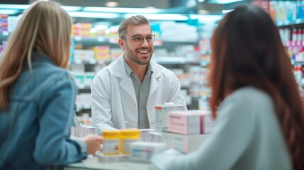 Pharmacist is assisting customer in a drug store