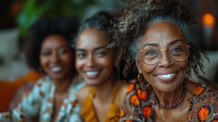 Fototapeta premium Three generations of women enjoy laughter and conversation on a comfortable living room couch 