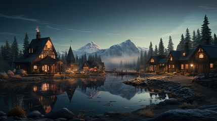 Obraz premium Contemporary Landscape Of The Peaceful Village With Mountains and River Background