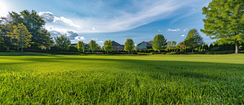 Wide view of manicured green grass lawn against a backdrop of blue sky clouds and green nature trees