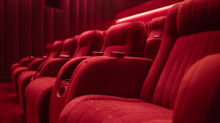 Empty red upholstered seats in a cinema theater.