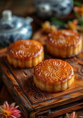 chinese traditional moon cake in plate, china mid-autumn festival food photography