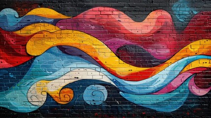 Urban graffiti art adorns a weathered brick wall, vibrant colors intertwining in abstract patterns under a cityscape backdrop. The artwork, a blend of spray-painted forms and stenciled motifs,