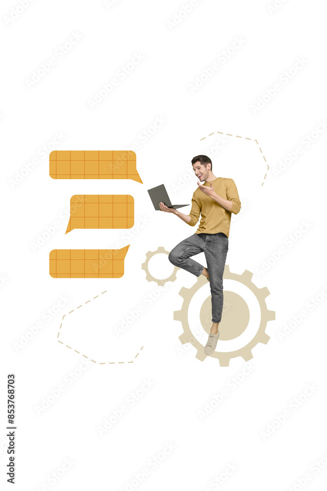 Poster collage creative poster of happy handsome man use modern netbook communicate online website app isol