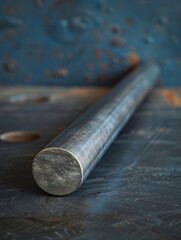 A close-up view of a metal rod on a textured, blue surface.