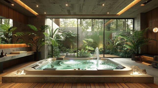 Relaxing spa interior featuring a large, inviting jacuzzi set amidst lush greenery and bamboo elements. The natural decor and gentle steam rising create an idyllic retreat for ultimate relaxation