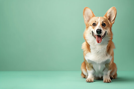 A smiling corgi on a green background in a photo studio. Close-up. An empty space for the text.