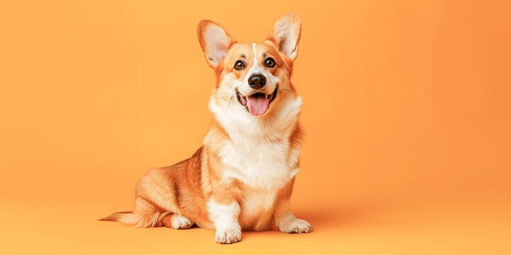 Cute corgi on an orange background, looking into the frame and smiling. Copy space, a banner for a zoo store.