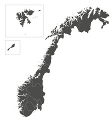 Vector regional blank map of Norway with counties and territories, and administrative divisions. Editable and clearly labeled layers.