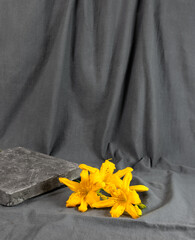 There is a stone podium and a bouquet of yellow flowers on a gray draped background