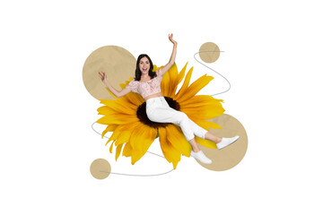 Creative poster collage of young beautiful adorable woman sitting sunflower big flower spring summer harvest bizarre unusual fantasy © deagreez