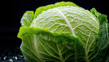 Obraz premium Wet cabbage. White cabbage. A cabbage roll in drops of water. Vegetables in the rain close-up