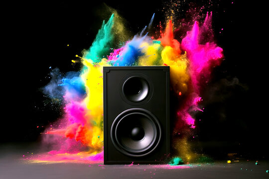 black speaker with colorful splashes on black background. Generative Ai - Powered by Adobe