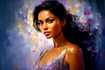 Portrait of a beautiful woman in colorful background. Generative Ai