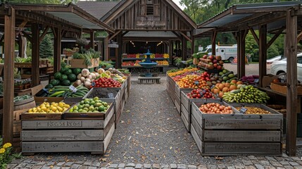 A small-town farmer's market bustling with vibrant stalls offering fresh produce, handmade crafts, and local delicacies. The market is set in a charming town square with cobblestone paths and a