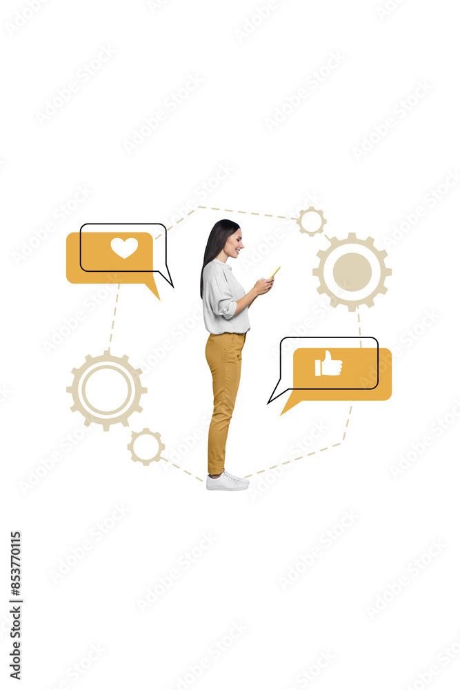Poster vertical creative composite photo collage of intelligent girl look at smartphone app customize notif