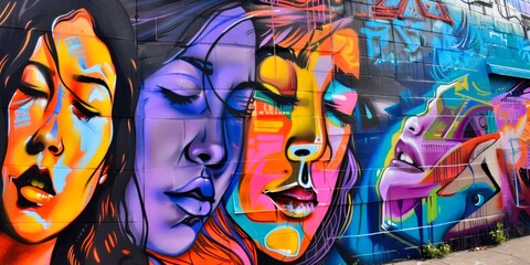 Colorful urban street art graffiti featuring vibrant faces, perfect for modern art and cultural diversity themes.