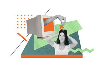 Photo collage of dissatisfied angry woman headache error hands head confused monitor screen decline...