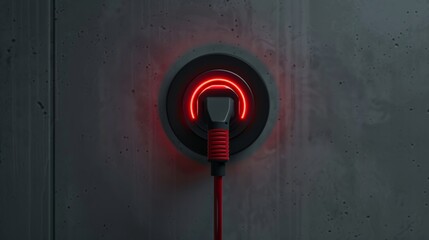 Photos of hyper-realistic images Electric car charging point with red cable disappearing from the image and red cover leaving the scene on a neutral background.