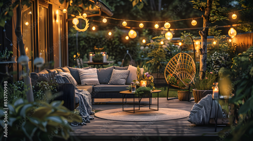 Wall mural Cozy Backyard Patio with String Lights. Garden Outdoor Relaxation. Inviting patio with comfortable furniture, string lights, and lush greenery, creating a relaxing ambiance for summer outdoor evenings