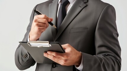 スーツを着た男性がクリップボードにメモを取る
