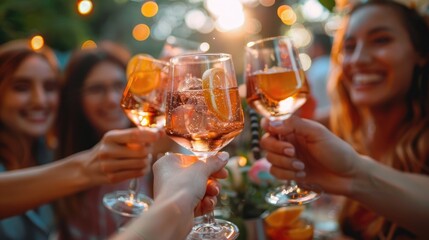 Happy friends group toasting with drinks in joyful gathering, Celebratory outdoor backyard party