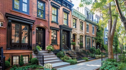 Fototapeta premium Charming row of historic townhouses with modern black trim and lush greenery on a sunny tree-lined urban street.