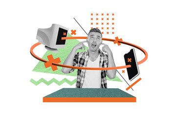 Composite illustration collage of young man ignore fingers ears bla blah stupid computer phone no...