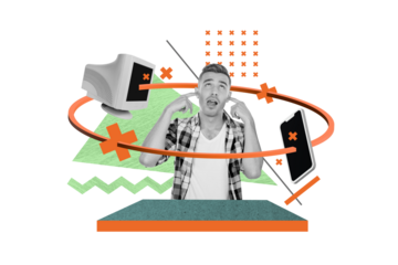 Composite illustration collage of young man ignore fingers ears bla blah stupid computer phone no connection isolated on green background