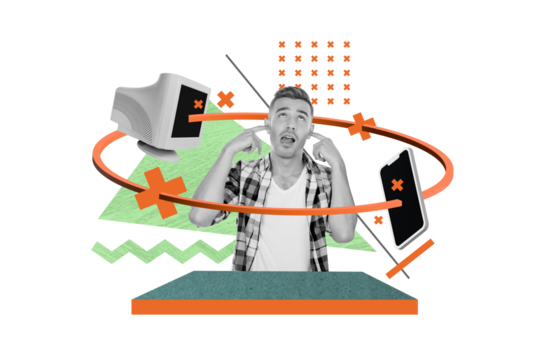 Composite illustration collage of young man ignore fingers ears bla blah stupid computer phone no connection isolated on green background - Powered by Adobe