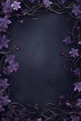 Black background frame with purple flowers and vines forming edges