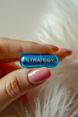 Hand holding a blue tablet mini capsule labeled &ldquo;STRATEGY&rdquo;, white soft background