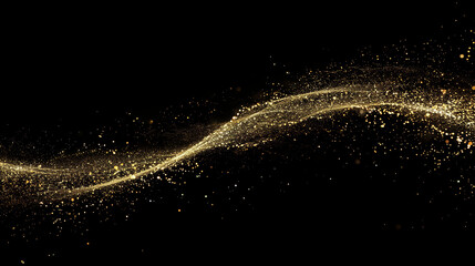 A single trail of sparkling gold glitter on a black background, with the trail transforming into an elegant and graceful curve that conveys movement and fluidity. The particles in each grain sparkle 