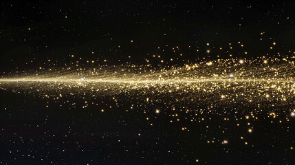 A single trail of sparkling gold glitter on a black background, with the trail transforming into an elegant and graceful curve that conveys movement and fluidity. The particles in each grain sparkle 