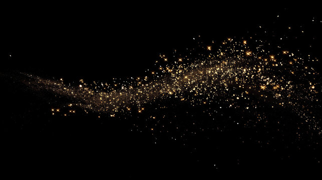 A single trail of sparkling gold glitter on a black background, with the trail transforming into an elegant and graceful curve that conveys movement and fluidity. The particles in each grain sparkle 