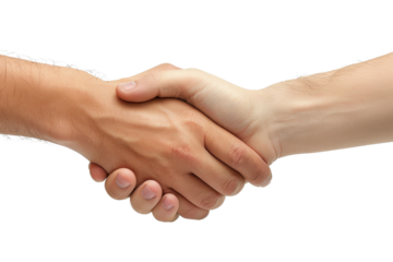 Close-up of two hands shaking, symbolizing a handshake, partnership, agreement, or collaboration, on a transparent background.