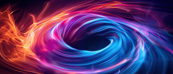 Fototapeta premium abstract colorful glowing light swirl spiral energy on black hole in dark space wide background with movement effect, energy flow and future technology concept