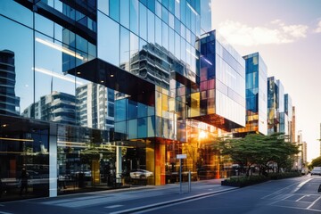 Fototapeta premium Commercial Glass Building Exterior, Modern Business Architecture, Blue Glass Skyscraper Facade