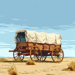 American Pioneers Wagon with Tent, Old Wooden Emigrant Carriage, Wild West Cart Flat