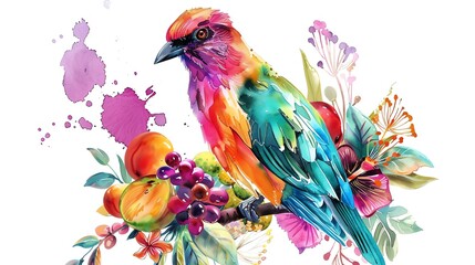 Fototapeta premium A watercolor painting of a colorful bird perched on a branch with fruit and flowers.