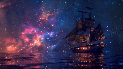 Fototapeta premium Sailing ship in sea water with night sky milky way.