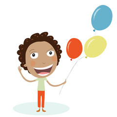 Happy black boy holding colorful balloons. Vector illustration.