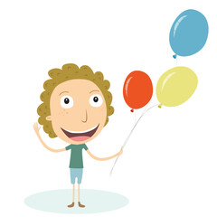 Happy boy with curly hair holding colorful balloons. Vector illustration.