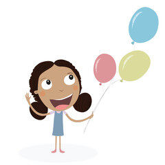 Happy black girl holding colorful balloons. Vector illustration.