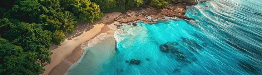 Fototapeta premium Aerial view of pristine tropical beach with clear turquoise waters, lush green forest, and rocky coastline on a sunny day.