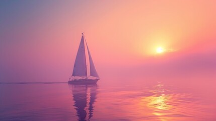 Sailing ship in sea water in heavy fog at sunset.