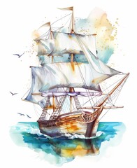 Watercolor painting of vintage medieval pirate sailing ship