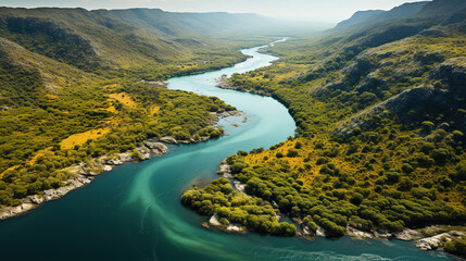 Obraz premium Contemporary River Lake Flow In The Rain Forest Drone Shot Landscape Background